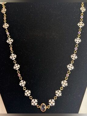Bridal,formal Necklace-gold plated CZ flowers,purple accent stones & centerpiece